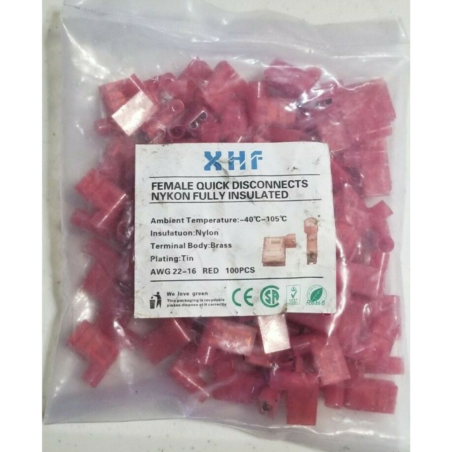 Female Insulated Quick Disconnect Connecters AWG 22-16 RED - 100 pk - FREE SHIP