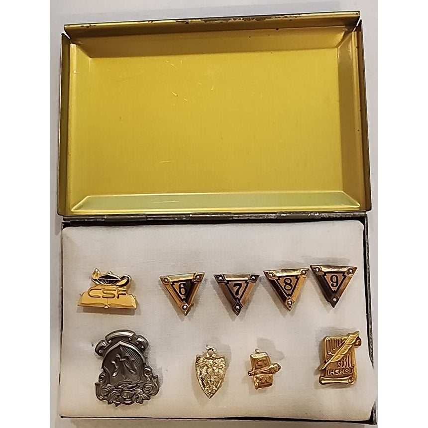 Vintage Academic Honor Pin Set – 10K GF Pins (6–9), Quill & Scroll GF, CSF 1974 A. Schiff, RP Pin + Extras w/ Original Case