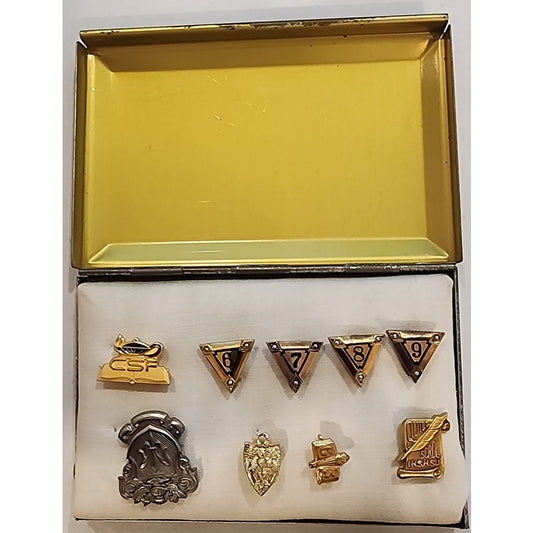 Vintage Academic Honor Pin Set – 10K GF Pins (6–9), Quill & Scroll GF, CSF 1974 A. Schiff, RP Pin + Extras w/ Original Case