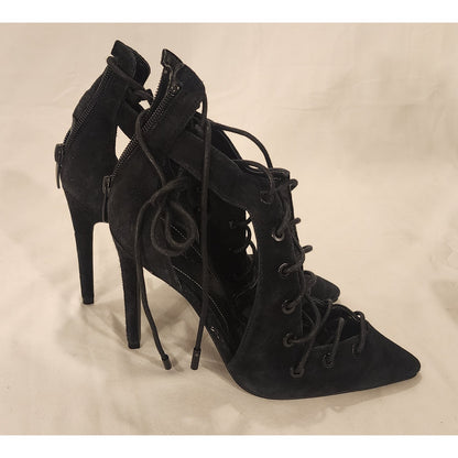 Kendall + Kylie Ginny Black Suede Lace Up Pointed Toe Stiletto Booties 6.5