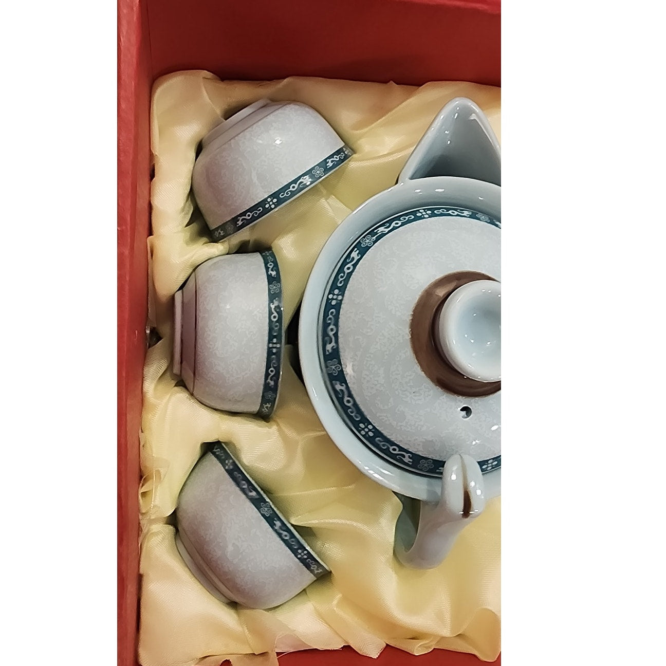 New Small Porcelain Green Tea Set in Gift Box Teapot & 6 Cups