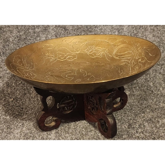 Vintage Solid Chinese Etched Brass Display Bowl Decorative Dish Heavy