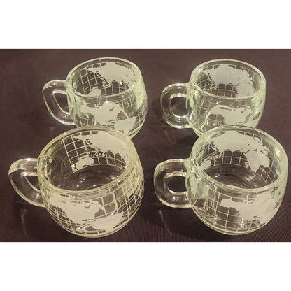 Nestlé World Map Glass Mugs – Set of 4 – Vintage Globe Etched Cups