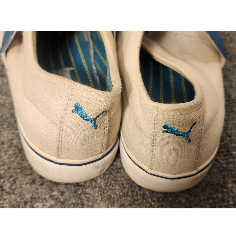 Vintage Puma Sportstyle Canvas Slip On Deck Shoes Sneakers Cream Blue Strap