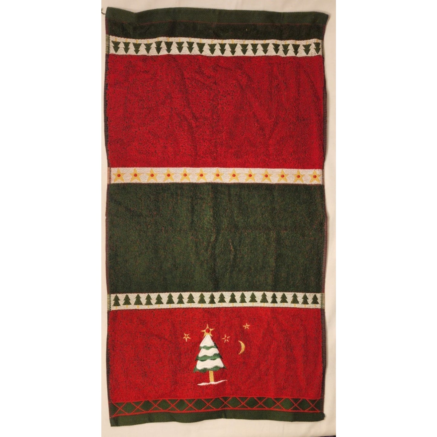 New - Vintage 3 PC SET - Embroidered Red, Green, White - Tree & Stars -Towel set