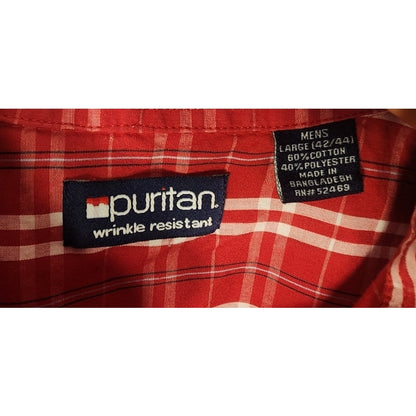 Puritan Mens Short Sleeve Button Down Shirt Size L 42 44 Red White Plaid