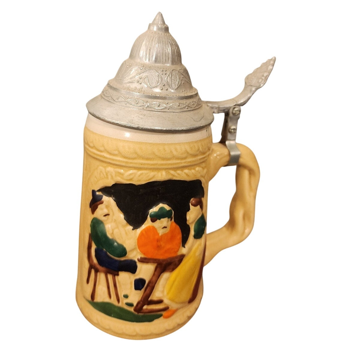 Vintage ABC Alphabet German Style Lidded Beer Stein Set Ceramic Pewter Lid 7.5"