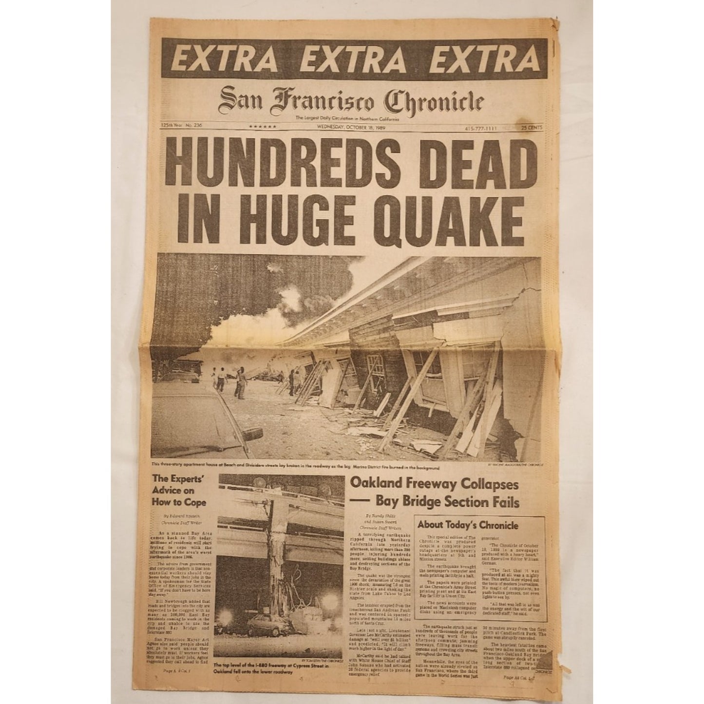OCT. 18, 1989 - SAN FRANCISCO Chronicle - "EXTRA" - Hundreds Dead in Huge Quake