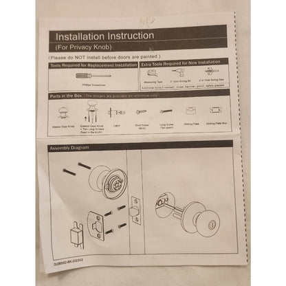 Door Knob w/Lock and Key, Matte Black - Bathroom, Bedroom, Etc. - W/Instructions