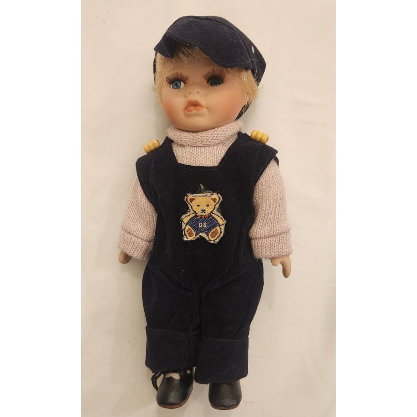 Vintage porcelain doll - 8.5" Inches Tall - Soft Body, Cute Outfit - Bad Eye