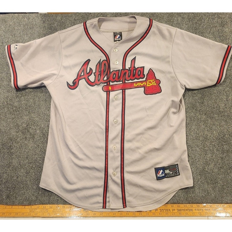 Atlanta Braves Majestic Baseball Jersey Gray Red Sewn Logo MLB Mens Large