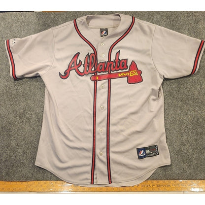 Atlanta Braves Majestic Baseball Jersey Gray Red Sewn Logo MLB Mens Large