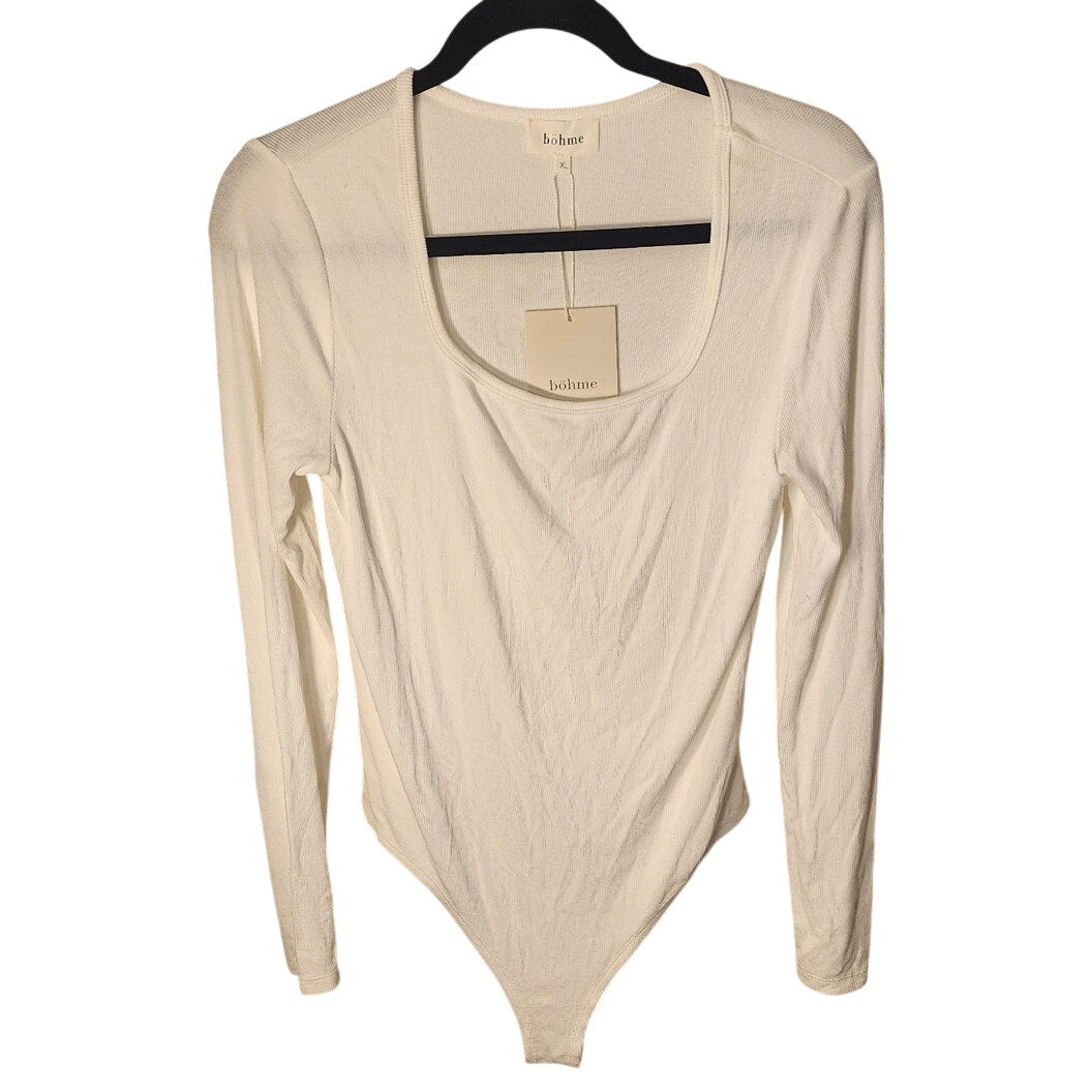 Bohme- White Ribbed Long Sleeve Bodysuit Women's-XL NWT BHM1430WT Scoop Neck New