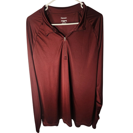 Hanes Mens 2XL Long Sleeve 1/4 Zip Pullover Shirt Maroon Burgundy Athletic